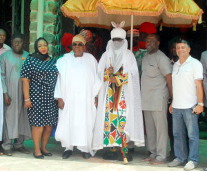 1 Pix from left Alhaji Abu Aminu Alidu, Station Manager, SAHCOL; Mrs Senanu Ladipo, Relationship Manager, First Bank; Alhaji Muneer Bankole, Managing Director, Med-View Airline; His Highness Alhaji Muhammad Sanusi II, The Emir of Kano; Captain Usman Saleh and Mr Jalal Ammouri, Director, Med-View Airline during a reception for Med-View Airline team by the Emir of Kano in his palace to felicitate with the Airline on its Lagos-Kano inaugural flight on Wednesday. Photo Lamidi Bamidele