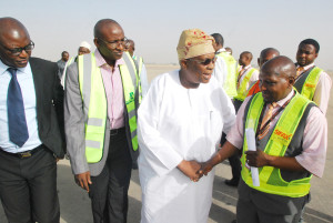 Pix from left Alhaji Ishaq Na'Allah, Executive Director, Business Development, Med-View Airline PLC; Mr Garba Abubakar, Regional Manager; Alhaji Muneer Bankole, MD/CEO and Aminu Abubakar on arrival of Med-View team at the Mallam Aminu Kano International Airport on the Airline Lagos-kano inaugural flight on Wednesday. Photo Lamidi Bamidele