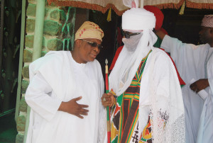 Pix His Highness Alhaji Muhammad Sanusi II, The Emir of Kano (r) in a chat with Alhaji Muneer Bankole, Managing Director, Med-View Airline;during a reception for Med-View Airline team by the Emir of Kano in his palace to felicitate with the Airline on its Lagos-Kano inaugural flight on Wednesday. Photo Lamidi Bamidele