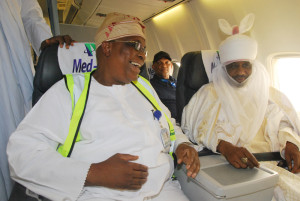 His Highness Alhaji Muhammad Sanusi II, The Emir of Kano (r) (on board Med-View Aircraft to Lagos) in a chat with Alhaji Muneer Bankole, Managing Director, Med-View Airline sfter a reception for Med-View Airline team by the Emir of Kano to felicitate with the Airline on its Lagos-Kano inaugural flight on Wednesday.