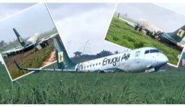 Enugu Air aircraft nosewheel badly damaged, runs into ‘bush’ after landing Enugu Air aircraft nosewheel badly damaged, runs into ‘bush’ after landing